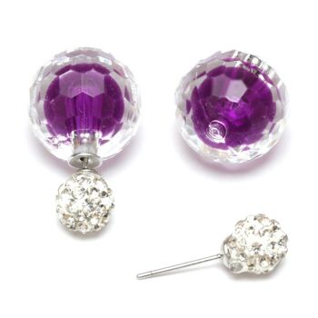 Perle à facettes acrylique mauve avec clous d'oreilles double face boule de cristal