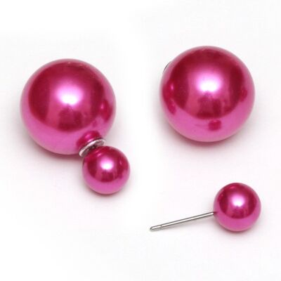 Boucles d'oreilles double face boule de perles acryliques ABS magenta