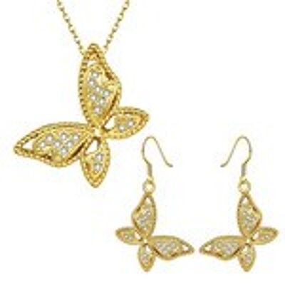Boucles d'oreilles papillon plaqué or 18 carats avec zircons cubiques et ensemble de bijoux collier