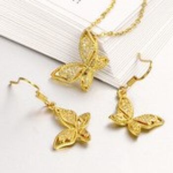 Boucles d'oreilles papillon plaqué or 18 carats avec zircons cubiques et ensemble de bijoux collier 2