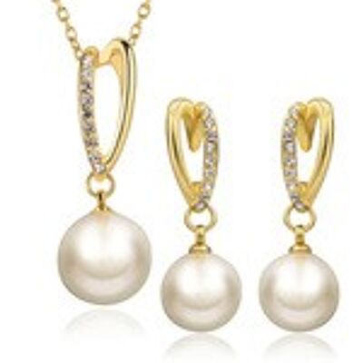 Placcato in oro 18 carati con zirconi cubici e orecchini di perle simulate e set di gioielli con collana