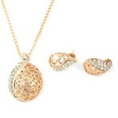 Gold plated Cubic Zirconia filigree lotus pendant necklace and earrings jewellery set