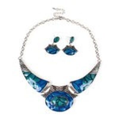 Parure di orecchini e collana con orecchini a bottone e collana in argento antico placcato turchese blu ondulato ispirato all'oceano