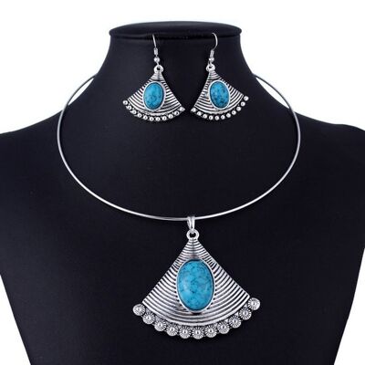 Boucles d'oreilles pendantes et collier en forme d'éventail vintage ovale imitation turquoise incrusté de ton argent antique