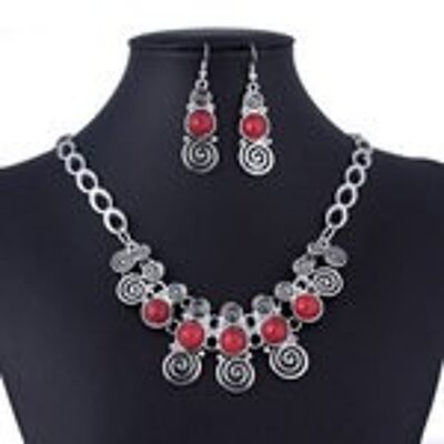 Vintage rot imitierte türkisfarbene runde und spiralinspirierte Tropfenohrringe und Schlüsselbein-Halsketten-Set