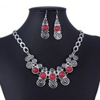 Boucles d'oreilles pendantes et collier de clavicule d'inspiration vintage rouge imitation turquoise ronde et spirale 1