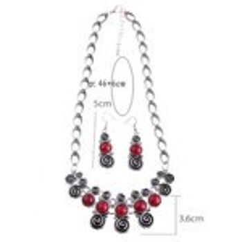 Boucles d'oreilles pendantes et collier de clavicule d'inspiration vintage rouge imitation turquoise ronde et spirale 2