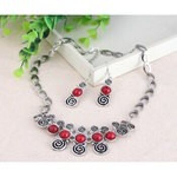 Boucles d'oreilles pendantes et collier de clavicule d'inspiration vintage rouge imitation turquoise ronde et spirale 3