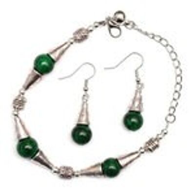 Conjuntos de joyas de jade verde natural Pendientes y pulsera con cuentas de estilo tibetano en tono plateado antiguo