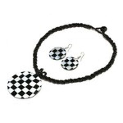 Collier et boucles d'oreilles faits à la main, collier de perles noires avec pendentif et boucles d'oreilles en forme de damier incrusté de coquillages noirs et blancs