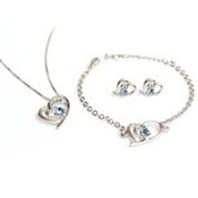 Weißvergoldetes Schmuckset Herz-Charm-Halsketten-Ohrring-Armband mit blauem österreichischem Kristall