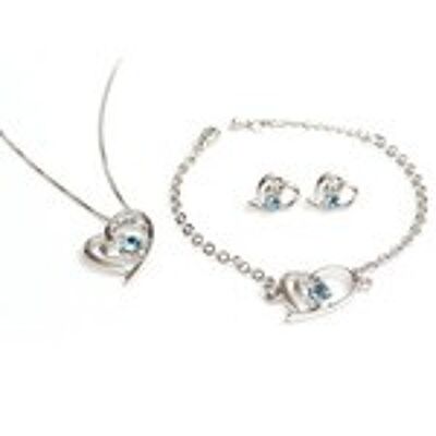 Parure plaqué or blanc collier boucles d'oreilles breloque coeur bracelet avec cristal d'Autriche bleu