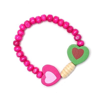 Coeurs en bois colorés avec des perles en bois fuchsia Bracelets extensibles pour enfants