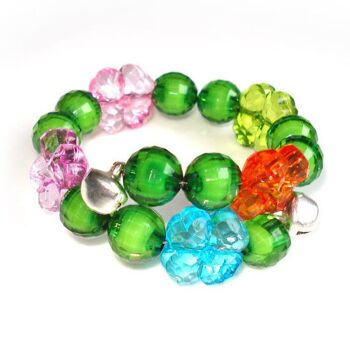 Bracelet enfant perle verte transparente avec trèfle à quatre feuilles multicolore