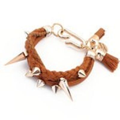 Brown rivets weave bracelet with gold tone spikes