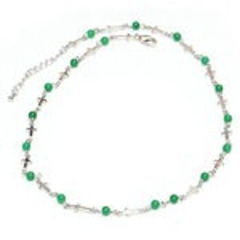 Bracelet en jade malais naturel à double tour vert avec croix de couleur platine 1