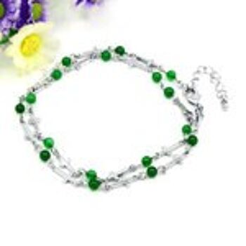 Bracelet en jade malais naturel à double tour vert avec croix de couleur platine 2