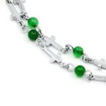 Bracelet en jade malais naturel à double tour vert avec croix de couleur platine 3