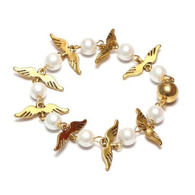 Eslabón de perlas de cristal de moda con pulsera magnética de alas doradas