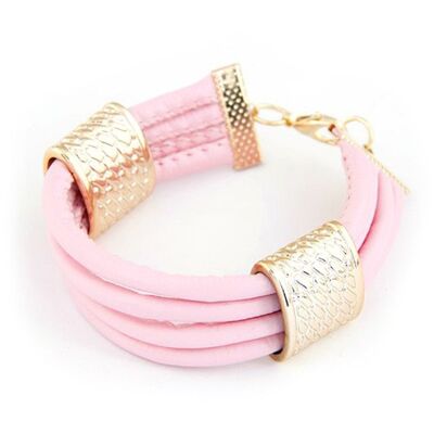 Pink Artificial Leather with Gold-tone Metal Tube Bracelet