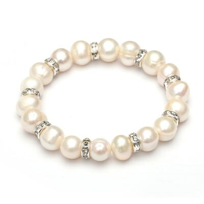 Beautiful white round freshwater pearl with rhinestone bridal stretchy elastic bracelet Grade AA