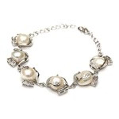 Elegante pulsera de perlas blancas de agua dulce con diamantes de imitación grado AAA