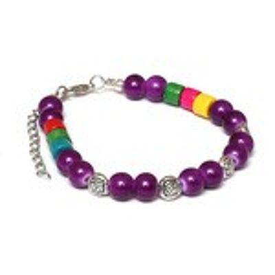 Bracelet tendance en verre et bois avec perles de fleurs argentées antiques et fermoir mousqueton en alliage, violet