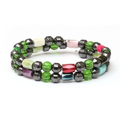 Pulsera de doble vuelta de moda multicolor con cuentas magnéticas de hematites, cuentas de vidrio y alambre de memoria de acero