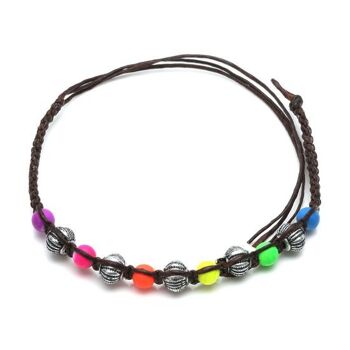Bracelet en cordon ciré ajustable tressé de perles vibrantes et argentées faites à la main