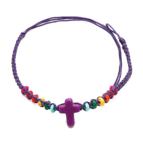 Handmade vibrant beads with cross charm braided adjustable wax cord bracelet