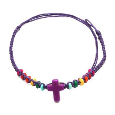 Handmade vibrant beads with cross charm braided adjustable wax cord bracelet