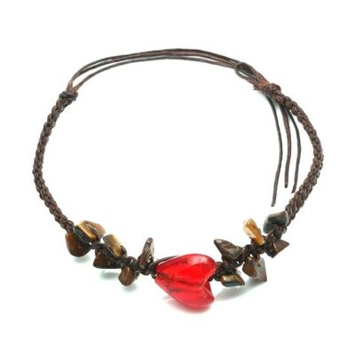 Handmade brown stones with red heart charm braided adjustable wax cord bracelet