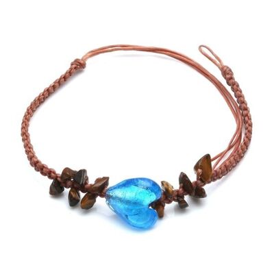 Pulsera trenzada de cordón encerado ajustable hecha a mano con piedras marrones y corazón azul