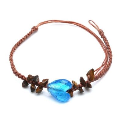 Handmade brown stones with blue heart charm braided adjustable wax cord bracelet