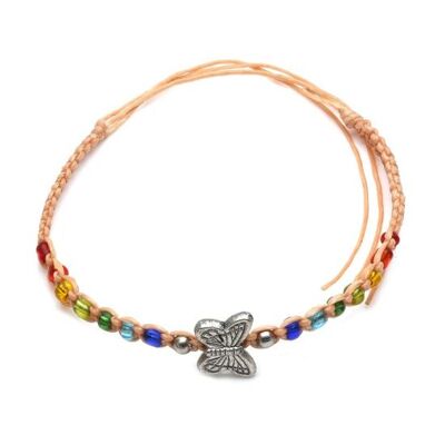 Handmade vibrant beads with butterfly charm braided adjustable wax cord bracelet