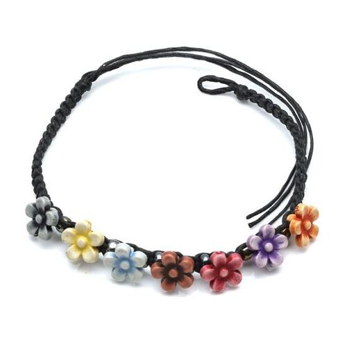 Handmade multicoloured flowers with black adjustable wax cord bracelet