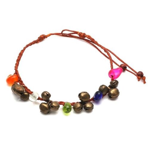 Handmade colourful beads and bells plaited adjustable wax cord bracelet