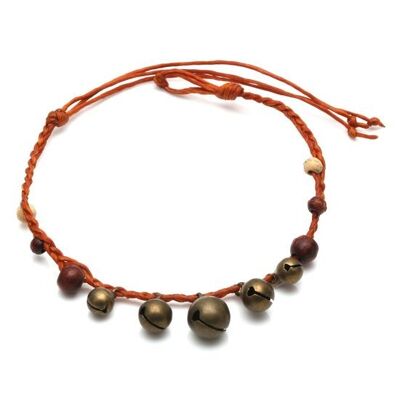 Bracelet cordon ciré réglable perles et grelots en bois fait main
