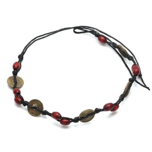 Handmade wooden beads and medallions with black adjustable wax cord bracelet