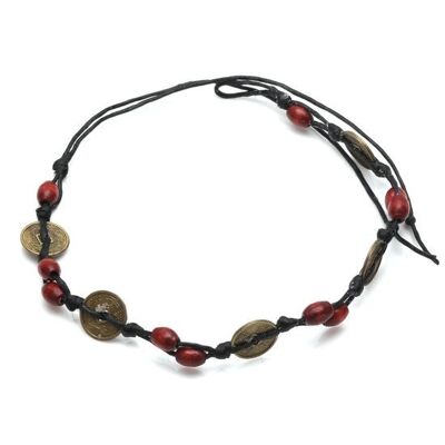 Cuentas y medallones de madera hechos a mano con pulsera ajustable de cordón encerado negro