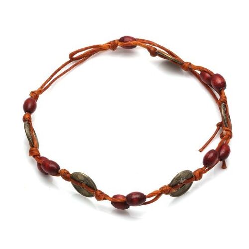 Handmade wooden beads and medallions with brown adjustable wax cord bracelet