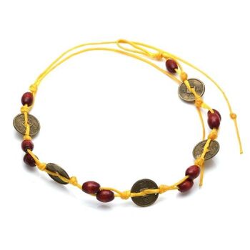 Perles et médaillons en bois faits à la main avec bracelet cordon ciré réglable jaune