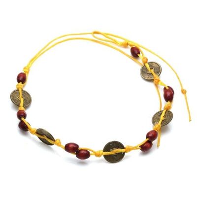 Handmade wooden beads and medallions with yellow adjustable wax cord bracelet