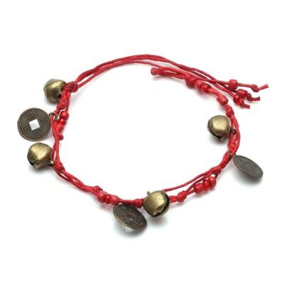 Pulsera artesanal de cordón encerado ajustable de cuentas rojas con cascabeles y medallones