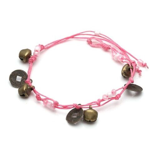 Handmade pink beads with bells and medallions adjustable wax cord bracelet