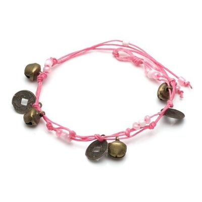 Pulsera artesanal de cordón encerado ajustable de abalorios rosas con cascabeles y medallones