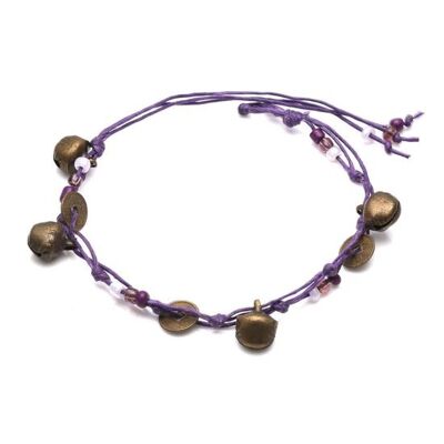 Bracelet cordon ciré réglable perles violettes avec grelots et médaillons fait main