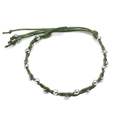 Handmade silver-tone beads with green adjustable wax cord bracelet