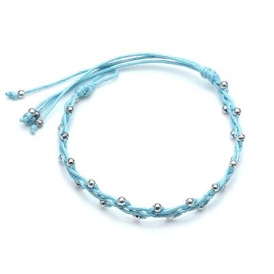 Handmade silver-tone beads with blue adjustable wax cord bracelet