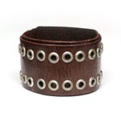 Bracciale unisex in pelle organica marrone a doppio strato con fori in acciaio inossidabile ideale per uomini e donne